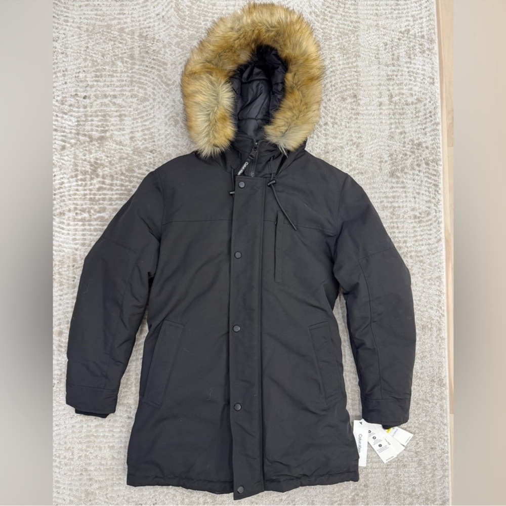 Men's Black Parka Coat with Fur Hood